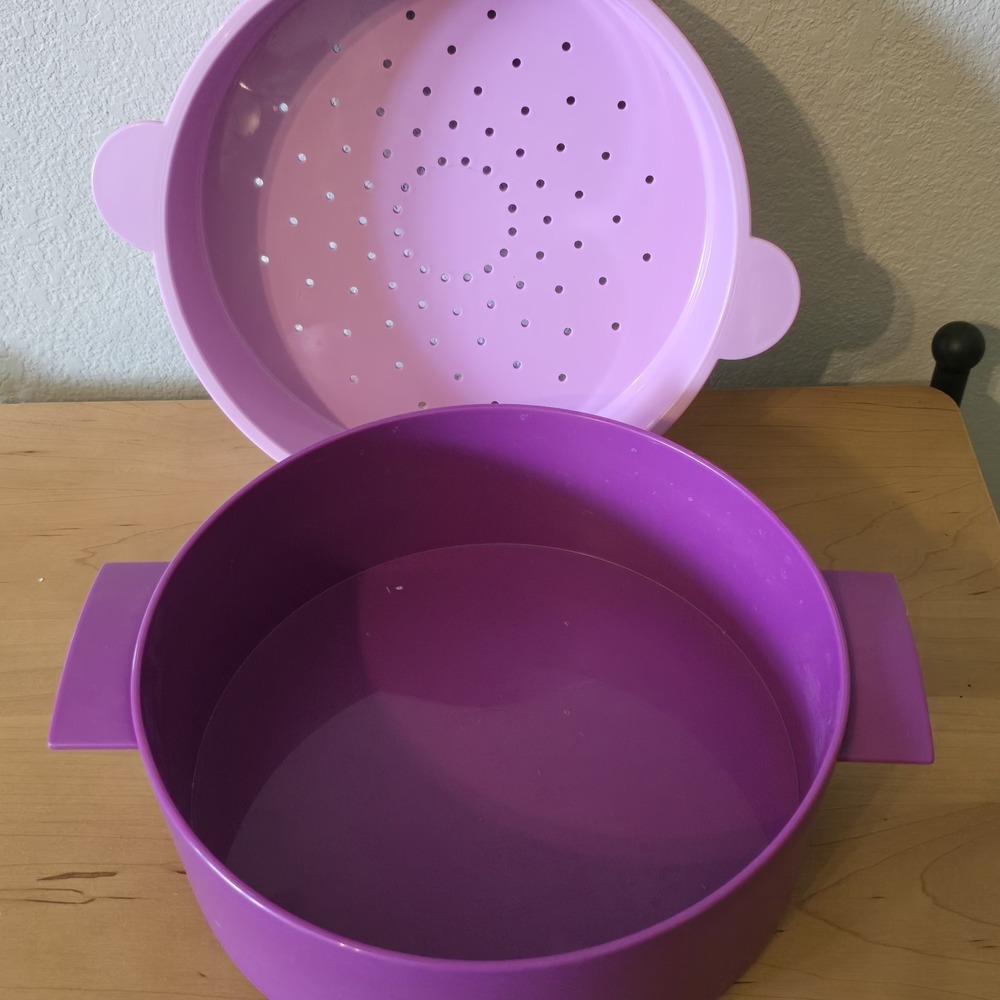 Tupperware 3 Piece Microwave Steamer Cooker Strainer & Lid Purple Kitchen Vtg - Picture 4 of 5